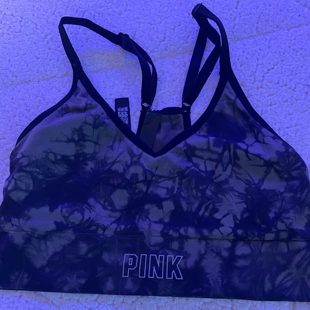 green and black tie die pink sports bra